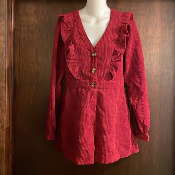 Day + Moon Brand Maroon Red Corduroy Romper NWT Size Medium Ruffle Front - Picture 1 of 6